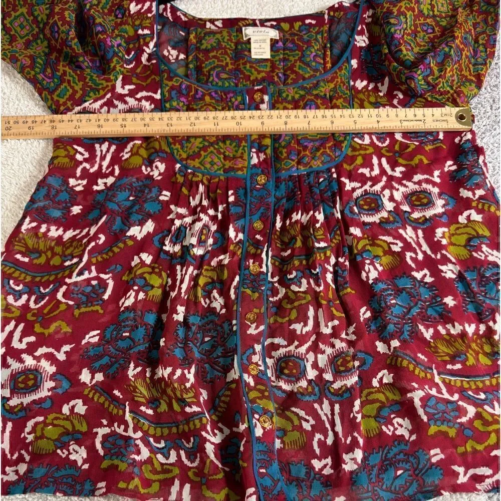 Viola Top Womens size Large chiffon Paisley boho button‎ up Sheer scoop Neck